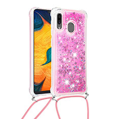 Coque Silicone Housse Etui Gel Bling-Bling avec Laniere Strap S03 pour Samsung Galaxy A20 Rose Rouge