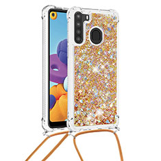 Coque Silicone Housse Etui Gel Bling-Bling avec Laniere Strap S03 pour Samsung Galaxy A21 Or