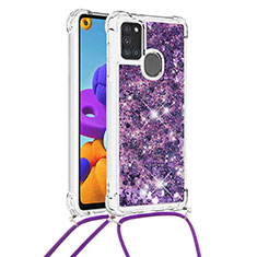 Coque Silicone Housse Etui Gel Bling-Bling avec Laniere Strap S03 pour Samsung Galaxy A21s Violet