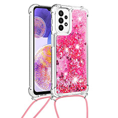 Coque Silicone Housse Etui Gel Bling-Bling avec Laniere Strap S03 pour Samsung Galaxy A23 5G Rose Rouge