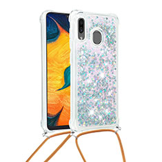 Coque Silicone Housse Etui Gel Bling-Bling avec Laniere Strap S03 pour Samsung Galaxy A30 Argent