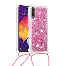 Coque Silicone Housse Etui Gel Bling-Bling avec Laniere Strap S03 pour Samsung Galaxy A30S Rouge