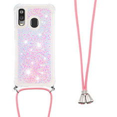 Coque Silicone Housse Etui Gel Bling-Bling avec Laniere Strap S03 pour Samsung Galaxy A40 Rose