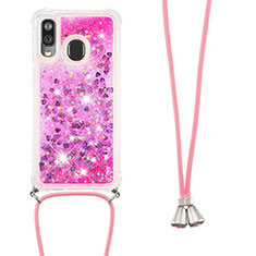 Coque Silicone Housse Etui Gel Bling-Bling avec Laniere Strap S03 pour Samsung Galaxy A40 Rose Rouge