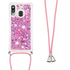Coque Silicone Housse Etui Gel Bling-Bling avec Laniere Strap S03 pour Samsung Galaxy A40 Rouge