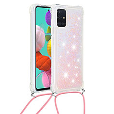 Coque Silicone Housse Etui Gel Bling-Bling avec Laniere Strap S03 pour Samsung Galaxy A51 4G Rose