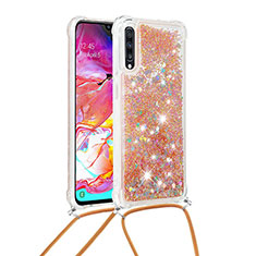 Coque Silicone Housse Etui Gel Bling-Bling avec Laniere Strap S03 pour Samsung Galaxy A70 Or