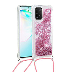 Coque Silicone Housse Etui Gel Bling-Bling avec Laniere Strap S03 pour Samsung Galaxy A91 Rouge