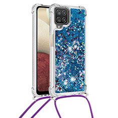 Coque Silicone Housse Etui Gel Bling-Bling avec Laniere Strap S03 pour Samsung Galaxy F12 Bleu