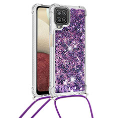 Coque Silicone Housse Etui Gel Bling-Bling avec Laniere Strap S03 pour Samsung Galaxy F12 Violet