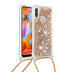 Coque Silicone Housse Etui Gel Bling-Bling avec Laniere Strap S03 pour Samsung Galaxy M11 Or