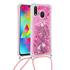 Coque Silicone Housse Etui Gel Bling-Bling avec Laniere Strap S03 pour Samsung Galaxy M20 Rose Rouge