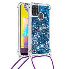 Coque Silicone Housse Etui Gel Bling-Bling avec Laniere Strap S03 pour Samsung Galaxy M21s Bleu