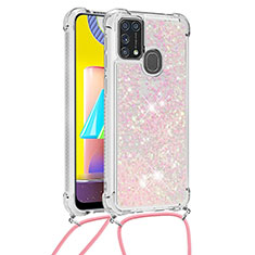 Coque Silicone Housse Etui Gel Bling-Bling avec Laniere Strap S03 pour Samsung Galaxy M21s Rose