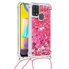 Coque Silicone Housse Etui Gel Bling-Bling avec Laniere Strap S03 pour Samsung Galaxy M21s Rose Rouge