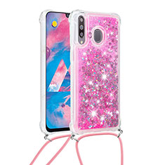 Coque Silicone Housse Etui Gel Bling-Bling avec Laniere Strap S03 pour Samsung Galaxy M30 Rose Rouge