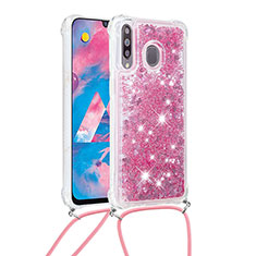 Coque Silicone Housse Etui Gel Bling-Bling avec Laniere Strap S03 pour Samsung Galaxy M30 Rouge