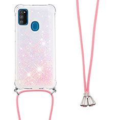 Coque Silicone Housse Etui Gel Bling-Bling avec Laniere Strap S03 pour Samsung Galaxy M30s Rose