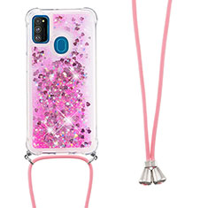Coque Silicone Housse Etui Gel Bling-Bling avec Laniere Strap S03 pour Samsung Galaxy M30s Rose Rouge