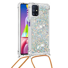 Coque Silicone Housse Etui Gel Bling-Bling avec Laniere Strap S03 pour Samsung Galaxy M51 Argent
