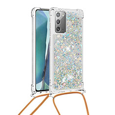 Coque Silicone Housse Etui Gel Bling-Bling avec Laniere Strap S03 pour Samsung Galaxy Note 20 5G Argent