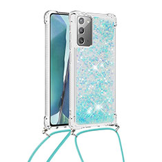 Coque Silicone Housse Etui Gel Bling-Bling avec Laniere Strap S03 pour Samsung Galaxy Note 20 5G Bleu Ciel