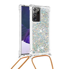 Coque Silicone Housse Etui Gel Bling-Bling avec Laniere Strap S03 pour Samsung Galaxy Note 20 Ultra 5G Argent