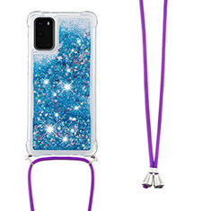 Coque Silicone Housse Etui Gel Bling-Bling avec Laniere Strap S03 pour Samsung Galaxy S20 5G Bleu