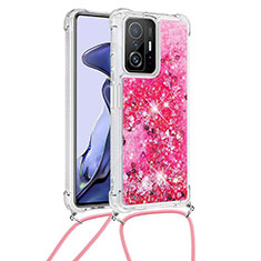 Coque Silicone Housse Etui Gel Bling-Bling avec Laniere Strap S03 pour Xiaomi Mi 11T Pro 5G Rose Rouge