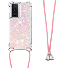 Coque Silicone Housse Etui Gel Bling-Bling avec Laniere Strap S03 pour Xiaomi Poco F5 Pro 5G Or Rose