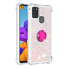 Coque Silicone Housse Etui Gel Bling-Bling avec Support Bague Anneau S01 pour Samsung Galaxy A21s Rose