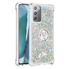 Coque Silicone Housse Etui Gel Bling-Bling avec Support Bague Anneau S01 pour Samsung Galaxy Note 20 5G Argent