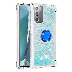 Coque Silicone Housse Etui Gel Bling-Bling avec Support Bague Anneau S01 pour Samsung Galaxy Note 20 5G Bleu Ciel