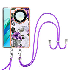 Coque Silicone Motif Fantaisie Souple Couleur Unie Etui Housse avec Laniere Strap Y03B pour Huawei Honor Magic5 Lite 5G Violet