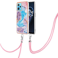 Coque Silicone Motif Fantaisie Souple Couleur Unie Etui Housse avec Laniere Strap Y03B pour Realme 9 5G Bleu