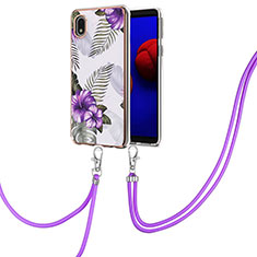 Coque Silicone Motif Fantaisie Souple Couleur Unie Etui Housse avec Laniere Strap Y03B pour Samsung Galaxy A01 Core Violet