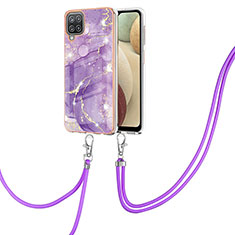 Coque Silicone Motif Fantaisie Souple Couleur Unie Etui Housse avec Laniere Strap Y05B pour Samsung Galaxy A12 Violet