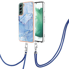 Coque Silicone Motif Fantaisie Souple Couleur Unie Etui Housse avec Laniere Strap YB7 pour Samsung Galaxy S22 Plus 5G Bleu