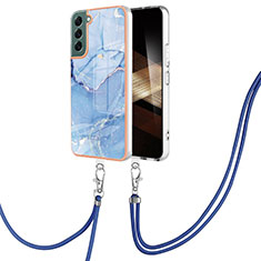Coque Silicone Motif Fantaisie Souple Couleur Unie Etui Housse avec Laniere Strap YB7 pour Samsung Galaxy S24 Plus 5G Bleu