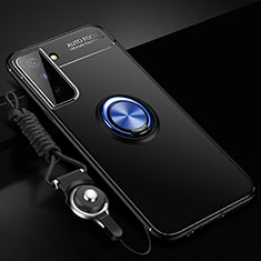 Coque Ultra Fine Silicone Souple Housse Etui avec Support Bague Anneau Aimante Magnetique A01 pour Samsung Galaxy S21 5G Bleu et Noir