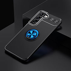 Coque Ultra Fine Silicone Souple Housse Etui avec Support Bague Anneau Aimante Magnetique A02 pour Samsung Galaxy S21 5G Bleu et Noir
