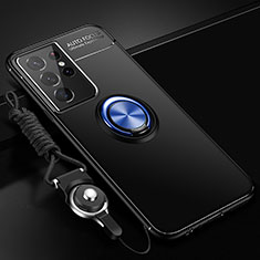 Coque Ultra Fine Silicone Souple Housse Etui avec Support Bague Anneau Aimante Magnetique A02 pour Samsung Galaxy S21 Ultra 5G Bleu et Noir