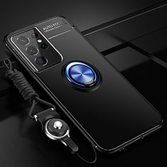 Coque Ultra Fine Silicone Souple Housse Etui avec Support Bague Anneau Aimante Magnetique A05 pour Samsung Galaxy S22 Ultra 5G Bleu et Noir