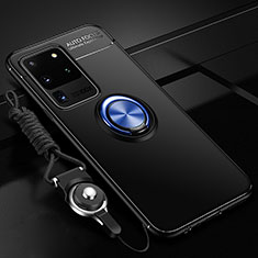 Coque Ultra Fine Silicone Souple Housse Etui avec Support Bague Anneau Aimante Magnetique JM3 pour Samsung Galaxy S20 Ultra Bleu et Noir