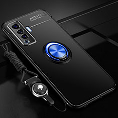Coque Ultra Fine Silicone Souple Housse Etui avec Support Bague Anneau Aimante Magnetique pour Vivo X50 5G Bleu et Noir