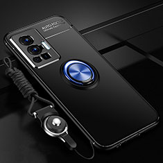 Coque Ultra Fine Silicone Souple Housse Etui avec Support Bague Anneau Aimante Magnetique SD3 pour Vivo X70 Pro 5G Bleu et Noir