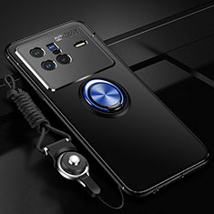 Coque Ultra Fine Silicone Souple Housse Etui avec Support Bague Anneau Aimante Magnetique SD3 pour Vivo X80 5G Bleu et Noir