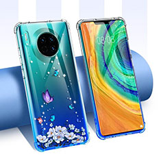 Coque Ultra Fine TPU Souple Housse Etui Transparente Fleurs pour Huawei Mate 30 Bleu