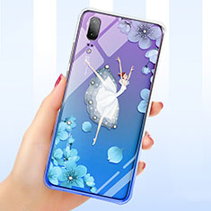 Coque Ultra Fine TPU Souple Housse Etui Transparente Fleurs pour Huawei P20 Bleu
