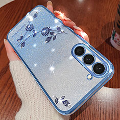 Coque Ultra Fine TPU Souple Housse Etui Transparente Fleurs pour Samsung Galaxy S22 5G Bleu